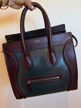 Rare Celine Green and Brown Leather Medium Tote with Gold Hardware